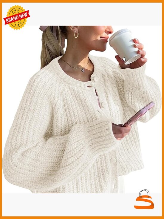 Sweaters - Crochet Cardigan Chunky Knit Crew Neck Long Sleeve Button Down Open Front Coat